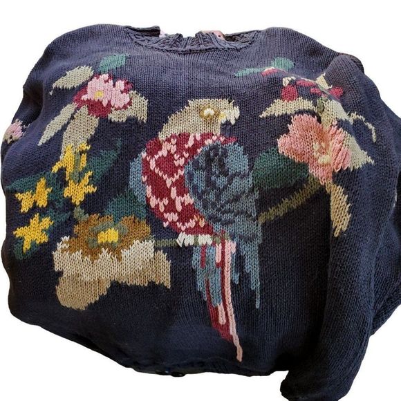80s Sweater Plus Size Black Knit Parrot Tarazzia Cotton Volup Vintage Hong Kong - Picture 15 of 15